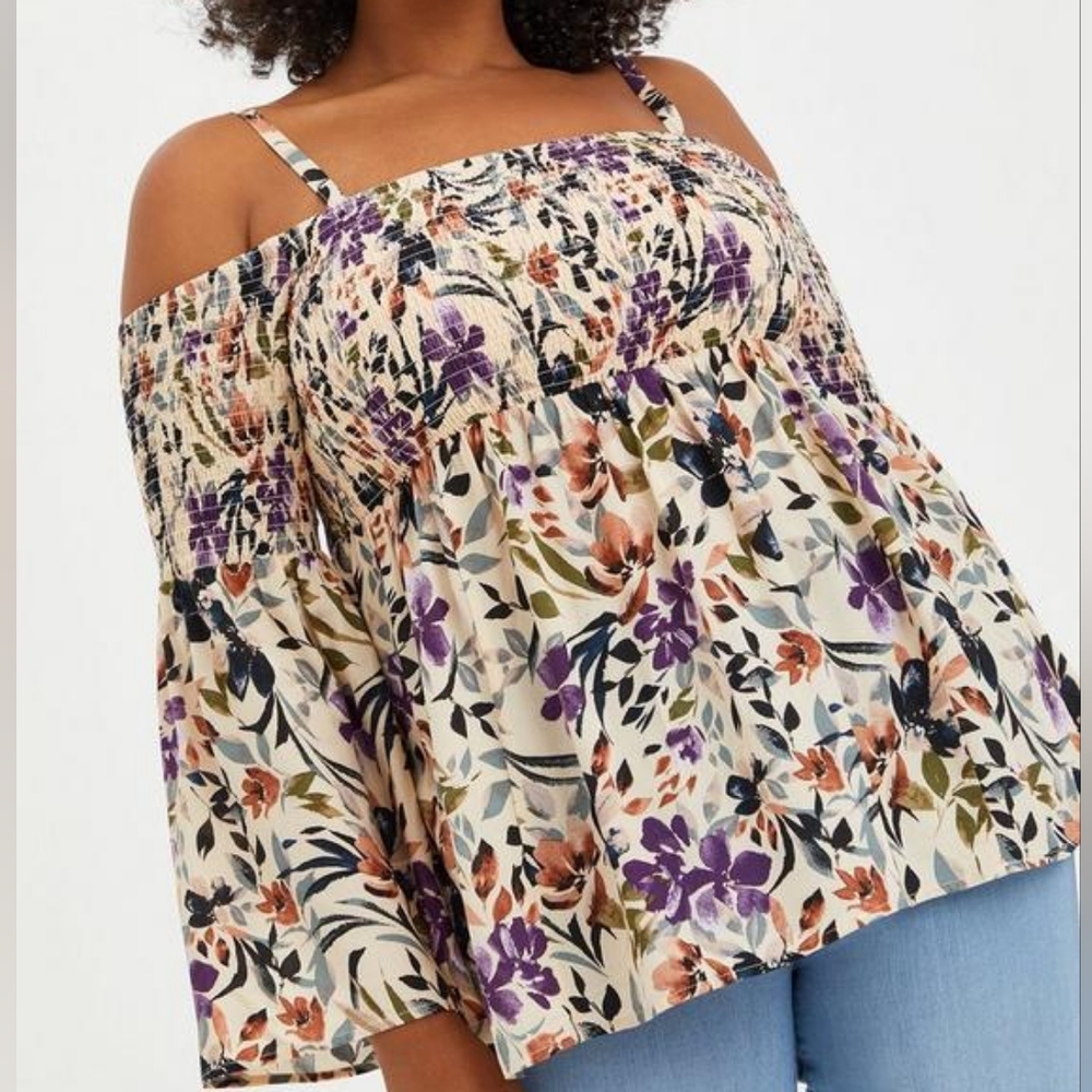 Torrid Challis Cold Shoulder Floral Taupe Peasant Blouse